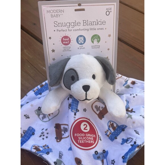 Modern Baby Snuggle Blankie Blue Puppy Dog Lovey Rattle Teether Vehicle Cars New - Picture 3 of 6